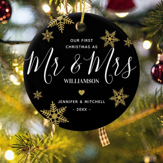 ミスターモダン&ミセス金ゴールドスノーフレーク私たちの最初のクリスマス セラミックオーナメント