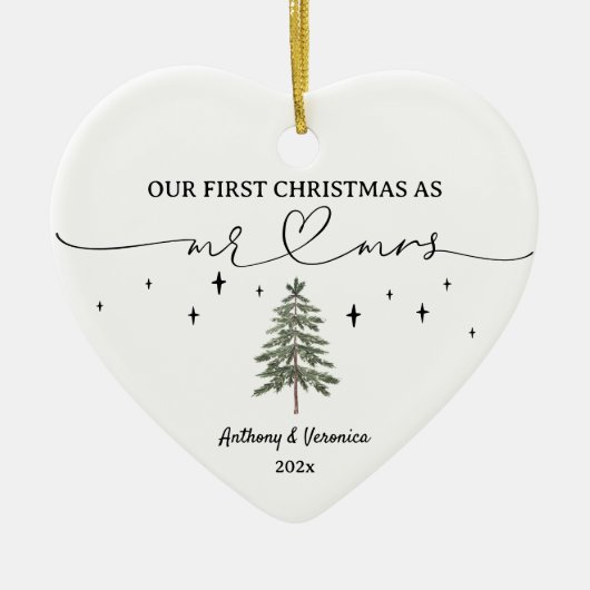 ミスター・アンド・ミセスとして初めてのクリスマスを新たに加えた セラミックオーナメント (正面)