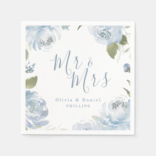 ミスター・アンド・ミセス埃っぽい青い水色のフローラ結婚ズ スタンダードカクテルナプキン (正面)