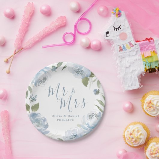 ミスター・アンド・ミセス埃っぽい青い水色のフローラ結婚ズ ペーパープレート (パーティー)