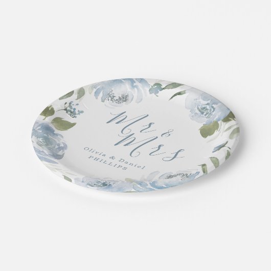 ミスター・アンド・ミセス埃っぽい青い水色のフローラ結婚ズ ペーパープレート (アングル)