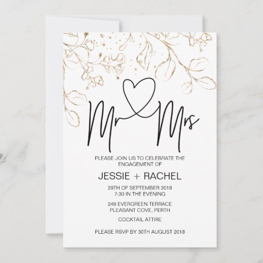 ミスター・アンド・ミセス婚約モダン金ゴールド 招待状 (正面)