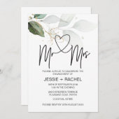 ミスター・アンド・ミセス婚約金ゴールドユーカリ婚約した 招待状 (正面/裏面)