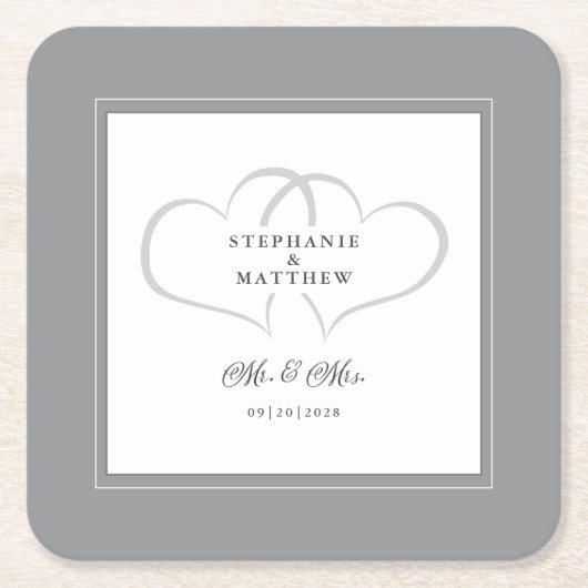 ミスター・アンド・ミセス・グレーエレガントハートズ結婚・シック スクエアペーパーコースター (正面)
