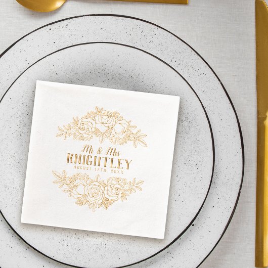 ミスター・アンド・ミセス・ビューティフル・ゴールド・フォイルバラフローラ結婚ズ 箔ナプキン