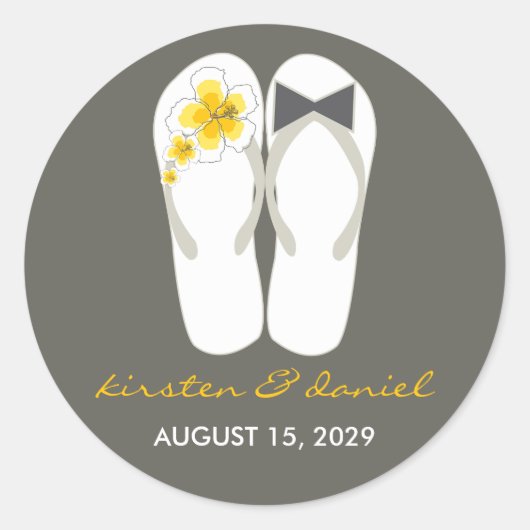 ミスター・アンド・ミセス・ピンクハイビスカスビーチサンダルビーチ結婚式 ラウンドシール (正面)