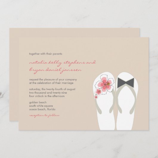 ミスター・アンド・ミセス・ピンクハイビスカスビーチサンダルビーチ結婚式 招待状 (正面/裏面)