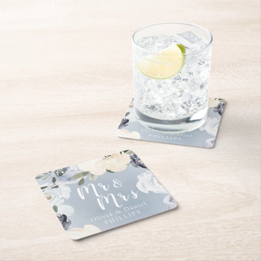 ミスター・アンド・ミセス・ブルーミング植物性の埃っぽいブルーのフローラ スクエアペーパーコースター (インサイチュ)