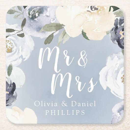 ミスター・アンド・ミセス・ブルーミング植物性の埃っぽいブルーのフローラ スクエアペーパーコースター (正面)