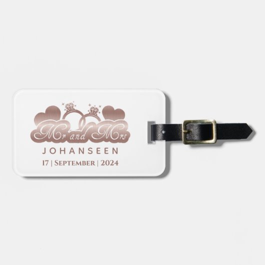 ミスター・アンド・ミセス・モノグラム・ホワイト・ローズ・金ゴールド結婚の新婚 ラゲッジタグ (正面横)