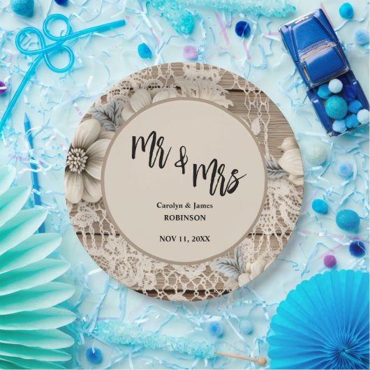 ミスター・アンド・ミセス・ヴィンテージ・レース素朴ズ結婚 ペーパープレート (パーティー)