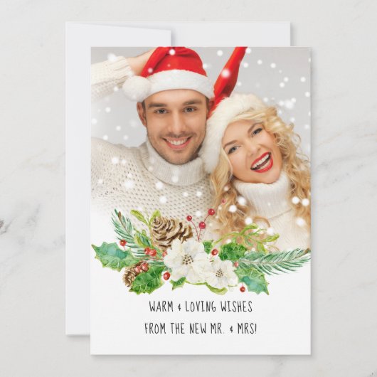 ミスター・アンド・ミセス・初めてのクリスマス水彩画金ゴールド写真 シーズンカード (正面)