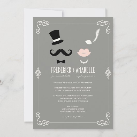 ミスター・アンド・ミセス・口ひげとリップ・ヴィンテージ・シック結婚ズ 招待状 (正面)