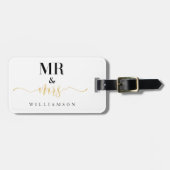 ミスター・アンド・ミセス |白スタイリッシュと金ゴールドの新ストライプ婚 ラゲッジタグ (正面横)