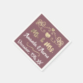 ミスター・アンド・ミセス・赤面・マウヴェ・ホワイト・ハート・ネーム・ゴールデン スタンダードカクテルナプキン (角)