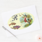 ミスター・ペリカン・魚釣り・モノグラム・クリーム 楕円形シール (封筒)