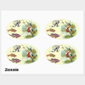 ミスター・ペリカン・魚釣り・モノグラム・クリーム 楕円形シール (シート)