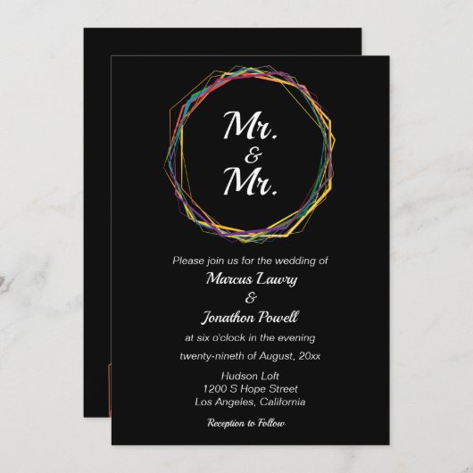 ミスター&ミスターゲイ結婚式招待状レインボーブラック 招待状 (正面/裏面)