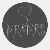 ミスター&ミセスたった今結婚しましたグレイ黒ハートラブステッキ ラウンドシール (正面)