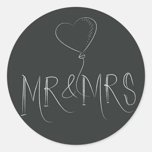 ミスター&ミセスたった今結婚しましたグレイ黒ハートラブステッキ ラウンドシール (正面)