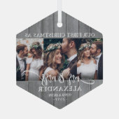 ミスター&ミセスとしての第1のクリスマス・ 3フォトグレイフェイクウッド ガラスオーナメント (裏面)