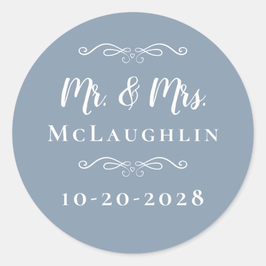 ミスター&ミセスエレガントなウェディング披露宴シックな埃っぽいブルー ラウンドシール (正面)