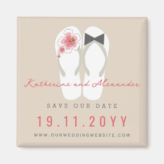 ミスター&ミセスビーチサンダルハイビスカスウェディング日付を保存 マグネット (正面)