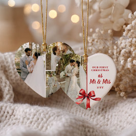 ミスター&ミセス初のクリスマス 4枚の写真と赤いリボン セラミックオーナメント