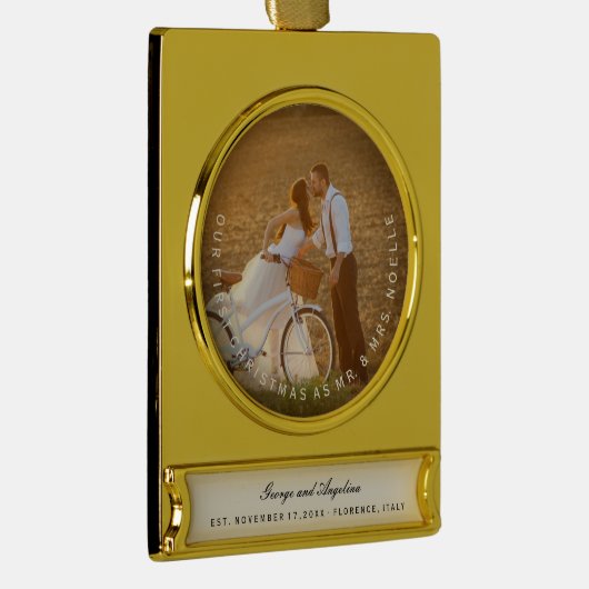 ミスター&ミセス初めてのクリスマスシンプル文字円写真 ゴールドプレートバナーオーナメント (右)