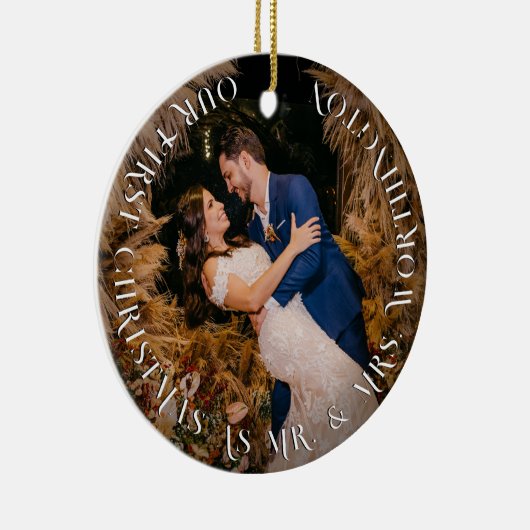 ミスター&ミセス初めてのクリスマスシンプル文字円写真 セラミックオーナメント (右)