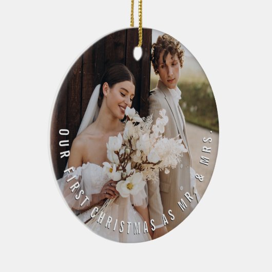 ミスター&ミセス初めてのクリスマスシンプル文字円写真 セラミックオーナメント (右)