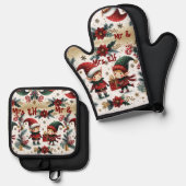 ミスター&ミセス小妖精や小人クリスマスポインセチア植物学 鍋つかみ&鍋敷きセット (正面/裏面)