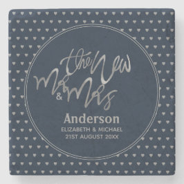 ミスター&ミセス結婚のネイビーブルーシルバーラブハート ストーンコースター