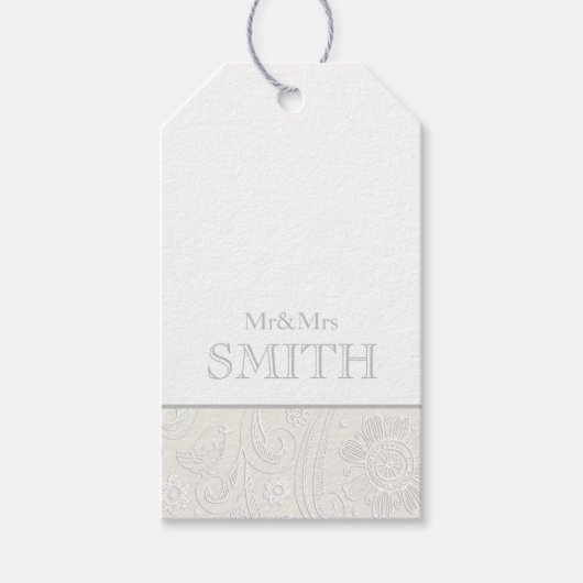 ミスター&ミセス結婚ギフトラップラベルグレー白エレガント ギフトタグ (正面)