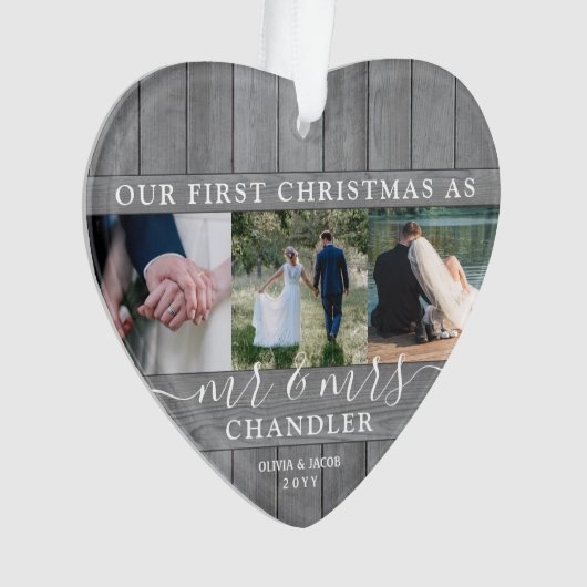 ミスター&ミセス4フォト初めてのクリスマスグレイフェイクウッド オーナメント (正面)