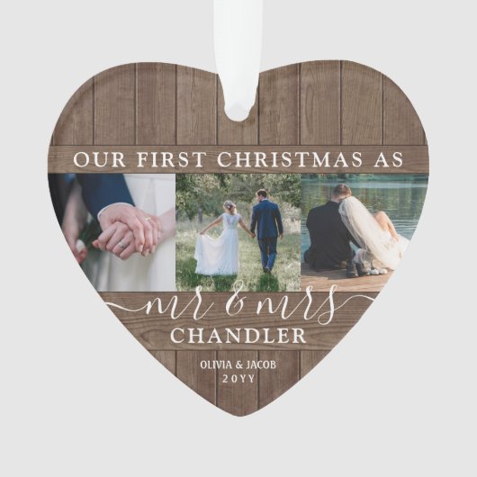 ミスター&ミセス4フォト初めてのクリスマスズ素朴フェイクウッド オーナメント (正面)
