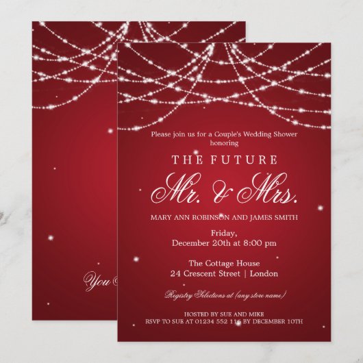 ミスター ミセス カップル シャワー 輝く 赤い糸 招待状 (正面/裏面)