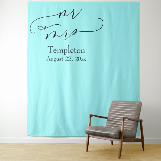 ミスター&ミセス シンプル 左寄せ アクア フォト バックドロップ タペストリー (インサイチュ)