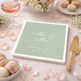 ミスター&ミセス セージ ウェディング ホワイト エレガント スクリプト グリーン スタンダードカクテルナプキン