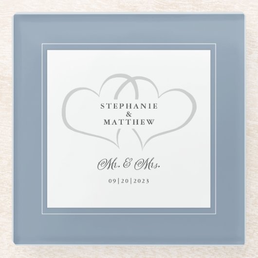 ミスター&ミセス・ダスティーブルーエレガントなウェディングシックなハート ガラスコースター (正面)