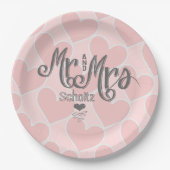 ミスター＆ミセス ピンク ハート パターン 黒板スタイル ペーパープレート (正面)