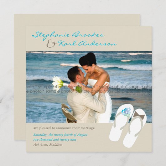 ミスター＆ミセス・フリップ・フロップス ビーチウェディング発表 案内状 (正面/裏面)
