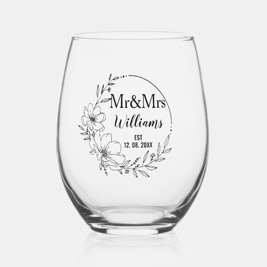 ミスター&ミセス フローラル アニバーサリー ファミリー ネーム エスト ステムなしワイングラス (正面)