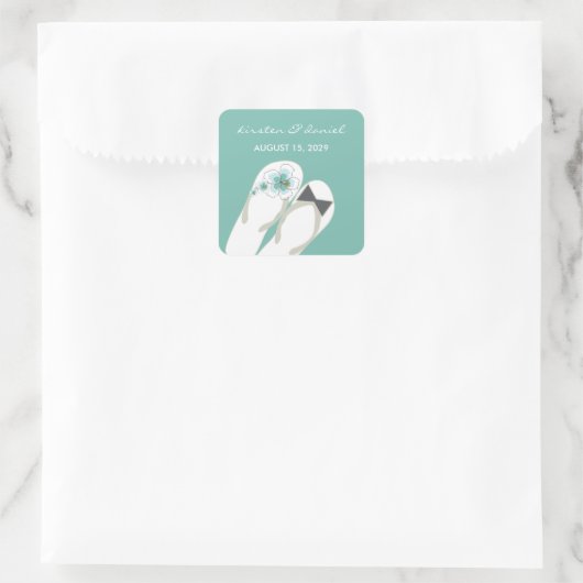 ミスター・ミセス・ブルー・ハイビスカスビーチサンダルビーチ結婚式 スクエアシール (バッグ)