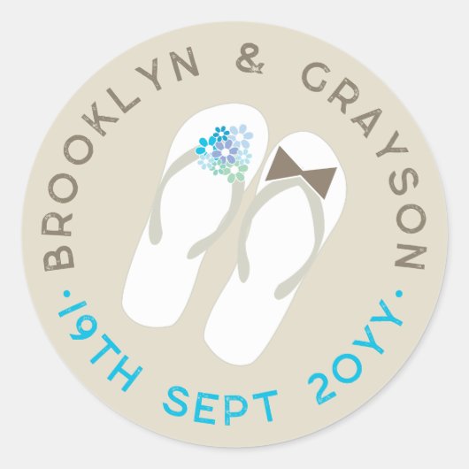 ミスター・ミセス・ブルー・フラワーズビーチサンダルビーチ結婚式 ラウンドシール (正面)