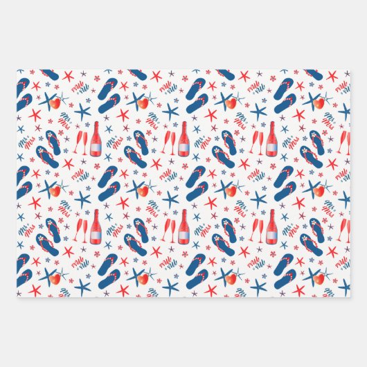 ミスター&ミセス・レッド・ブルー・シャンパンビーチサンダルビーチ ラッピングペーパーシート (正面)