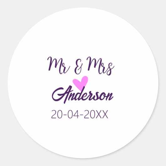 ミスター＆ミセス 姓 日付 年 結婚 記念品 ラウンドシール (正面)