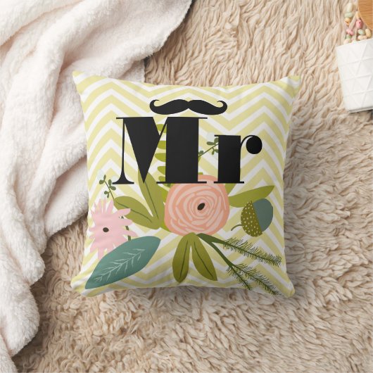 ミスター・ムスタヒー淡い色のイエローホワイトティール（緑がかった色）ジグザグザグ クッション (ブランケット)