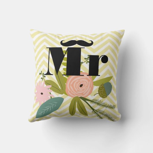 ミスター・ムスタヒー淡い色のイエローホワイトティール(緑がかった色)ジグザグザグ クッション (裏面)