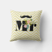 ミスター・ムスタヒー淡い色のイエローホワイトティール（緑がかった色）ジグザグザグ クッション (裏面)